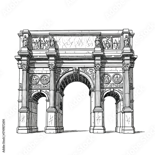 Triumphal arch with detailed sculptures and arches isolated on white background