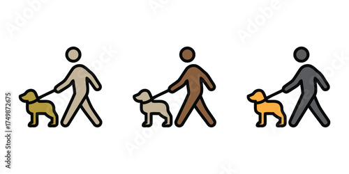 Set of three vector icons showing a man walking a dog on a leash, illustrating themes of pet ownership, exercise, companionship, and daily dog walking. Ideal for pet care, lifestyle, and public area r