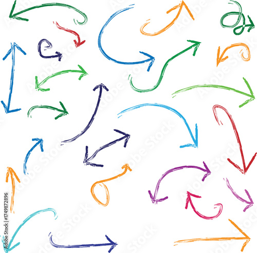 Collection of colorful hand-drawn arrow symbols pointing in various directions and shapes