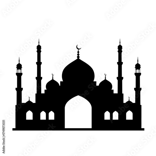 Striking silhouette of an elaborate mosque featuring minarets and domes against a bright backdrop vector on white background