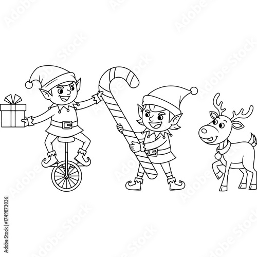 A set of cute Christmas characters: an elf riding a unicycle with a gift in his hand, another elf with a candy cane and a baby reindeer. Sketch illustration for holiday decoration.