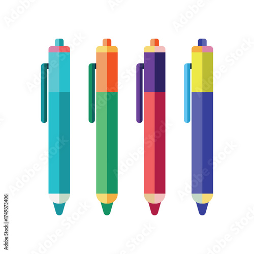 Set of four colorful ballpoint pens in flat vector style with geometric shapes and side clips, isolated on white. Perfect for school, office, stationery branding, apps, infographics, icons, and print.