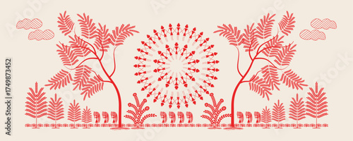 Cultural Canvas: Nature and Human Activity Artfully Combined in Warli Folk Art. Warli art, Rural life India, Nature illustration, Indian tribal art.