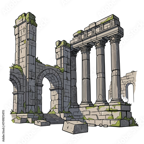 Ancient roman ruins with crumbling columns and stone archway