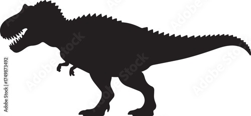 A black silhouette of a Tyrannosaurus Rex dinosaur against a white background.  