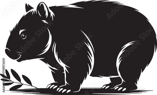 A black silhouette of a wombat against a pure white background 