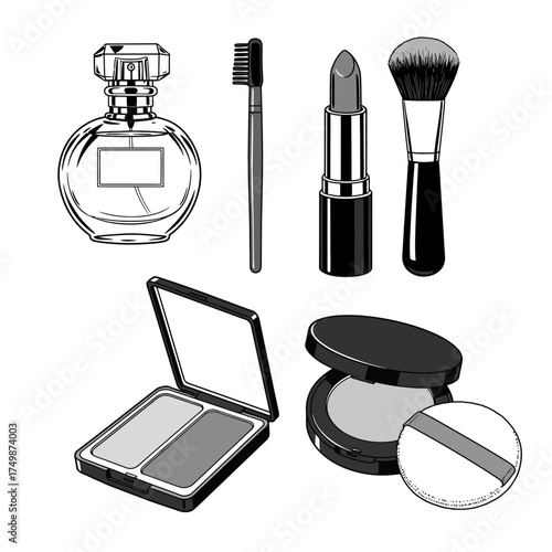 Collection of classic cosmetics perfume bottle lipstick brush toothbrush powder compact makeup essentials vector on white background