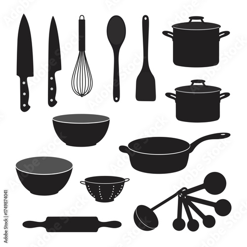 Collection of kitchen utensils and cookware silhouettes for culinary design projects vector on white background