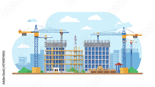 Construction site with cranes building new buildings vector illustration construction industry concept