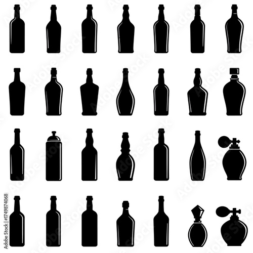 Collection of silhouette bottles various shapes and sizes for beverage and cosmetic packaging designs vector on white background