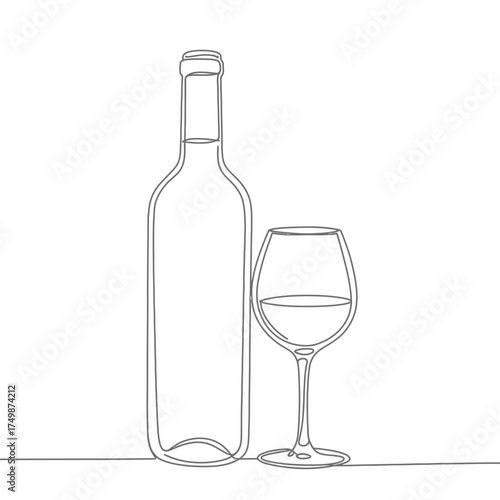 Elegant line drawing of wine bottle and glass minimalist beverage alcohol drink vector on white background