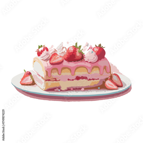 A delicious piece of strawberry cream cake on a white plate is a perfect sweet dessert for a birthday celebration