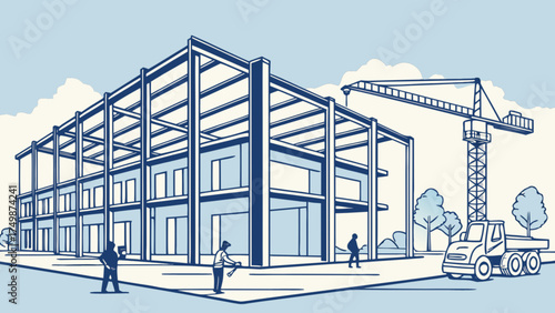 Construction site illustration of steel frame building structure with crane and workers vector art