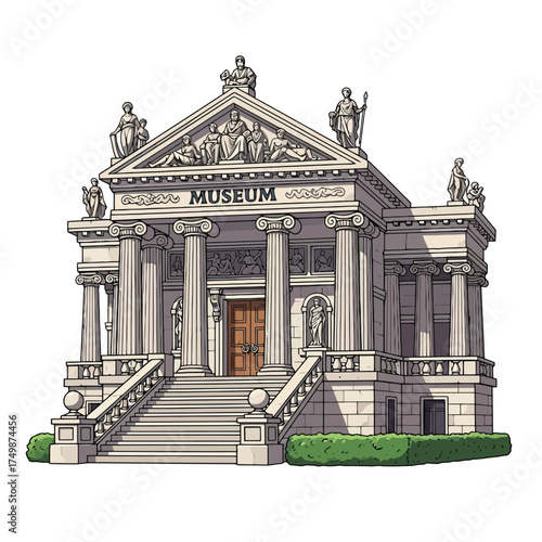 Museum building with classical architecture isolated on white background