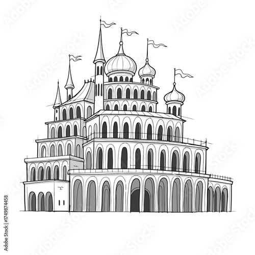 Elaborate multistory castle with arched walkways and flags