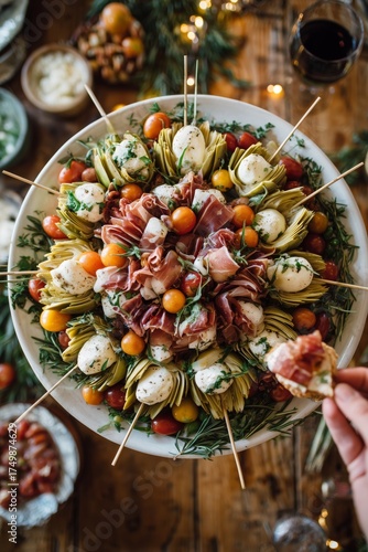 Colorful Antipasto Platter With Meats, Cheese, and Vegetables on a Rustic Woo...