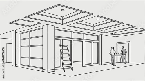 Interior design construction renovation project with ladder and workers architectural drawing style