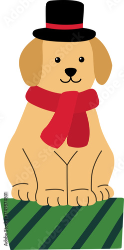 Cute yellow dog wearing Christmas top hat and scarf sits on a green gift box.
Puppy dressed for Christmas flat stock vector Illustration isolated.
Transparent background.