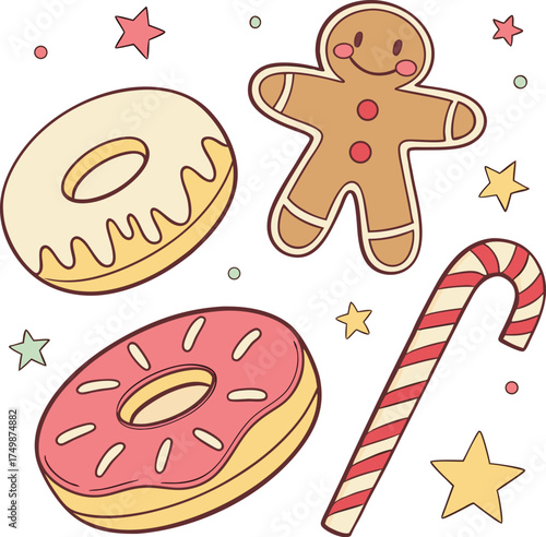 Cute Holiday Dessert Set Featuring Donuts, Gingerbread, and Candy Cane Vector