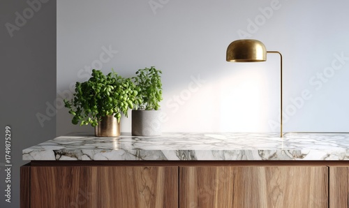 Stylish Interior Design Featuring Plants and a Modern Lamp on a Marble Counte...