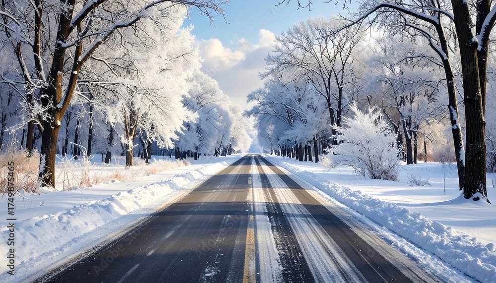 Obraz premium Snowy Winter Road Through Trees.
