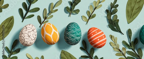 Colorful Decorated Eggs and Green Leaves Arranged on a Light Background Durin...