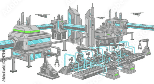 A vision of the future with a sprawling high-tech factory featuring automated robotic assembly lines and advanced manufacturing