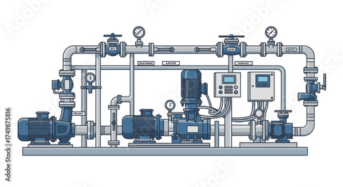 Detailed vector illustration of an industrial pumping station with electric motors, pipeline network, and pressure gauges for fluid management