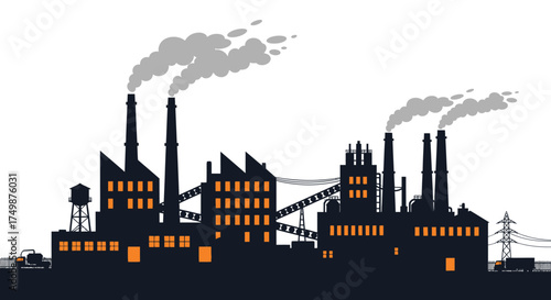 A detailed silhouette of a sprawling industrial factory complex, a manufacturing powerhouse with smoke billowing from smokestacks and glowing windows