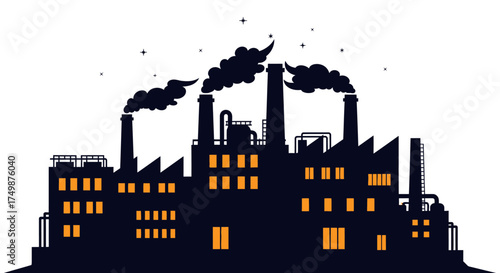 Silhouette of a factory emitting smoke from its chimneys, with illuminated windows against a white background.