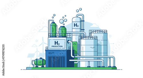 Illustration of a hydrogen production plant with wind turbines, representing green energy and sustainable fuel technology for a clean environment