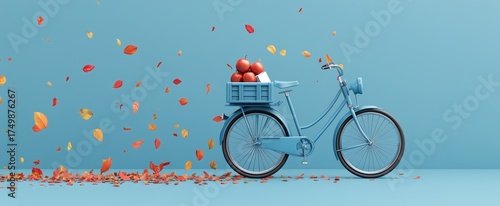 Blue Bicycle With a Basket of Apples Surrounded by Colorful Autumn Leaves in ...
