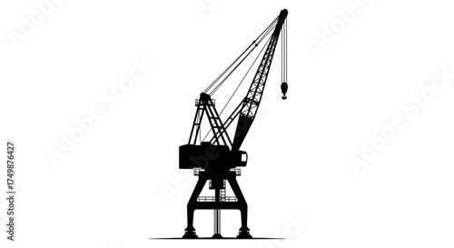 A stark black silhouette of a harbor crane, symbolizing industrial power, shipping logistics, and maritime trade, isolated on a clean white background