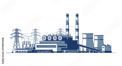 Vector illustration of a power plant with cooling towers and high voltage transmission lines for electricity generation on a white background