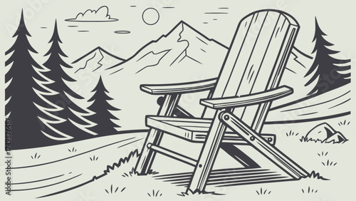 Adirondack chair vector illustration with mountain landscape background for outdoor relaxation scene