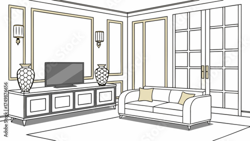 Modern living room design with tv console sofa vases and wall decor interior design ideas style