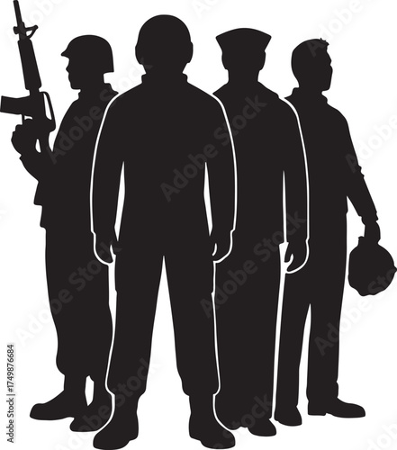 Silhouettes of different armed forces together symbolizing unity, strength, honor, and patriotism.