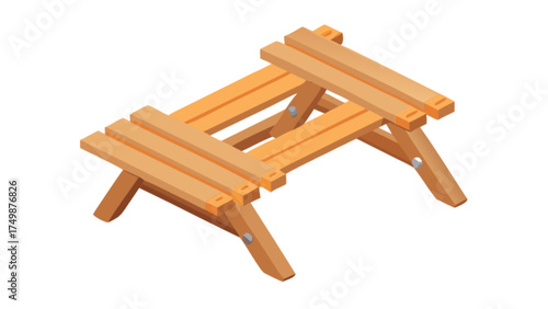 Isometric wooden picnic table outdoor furniture vector illustration for backyard design ideas