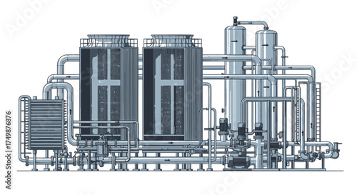 Industrial plant with tanks, pipes, and cooling towers, depicted in a technical illustration style.