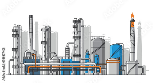 Vector line art of a chemical plant or oil refinery for manufacturing and energy production, isolated on a white background