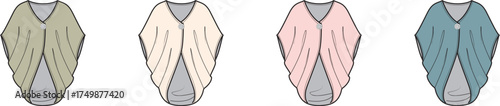 A vector collection of women's stylish draped outerwear in four pastel colors. A technical flat illustration showcasing elegant and versatile apparel design for fashion templates