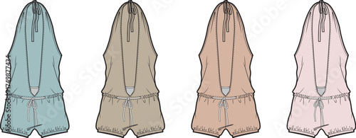 Four different colors of sleeveless hooded rompers with drawstring waist