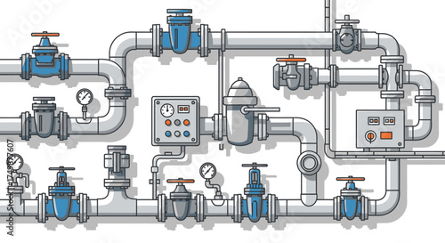 Isometric illustration of a complex industrial pipeline system with valves, gauges, and control panels for fluid process management