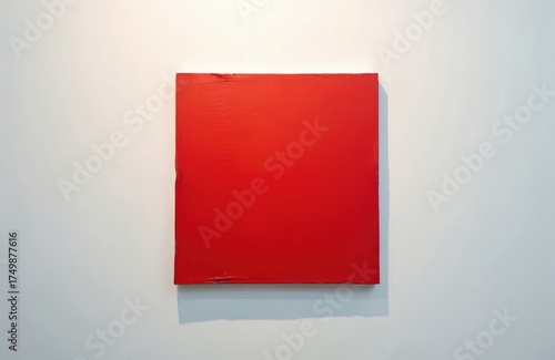 Solid vivid red square art piece hangs on clean white wall. Abstract painting attracts with bold color. Simple design creates powerful visual effect. Minimalist artwork offers modern aesthetic