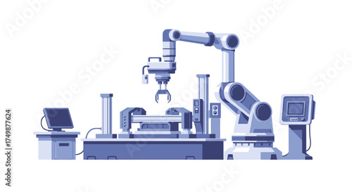 Industrial robotic arm operating on a production line with a computer control system in a modern smart factory setting