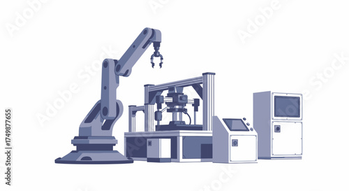 Pixel art illustration of an automated industrial factory assembly line with a robotic arm and manufacturing machinery on a white background