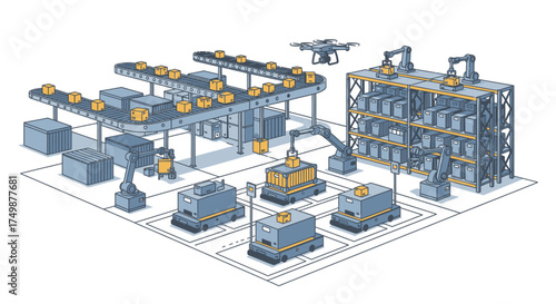 Advanced industrial automation in a smart factory warehouse with autonomous robots, drones, and robotic arms for modern logistics