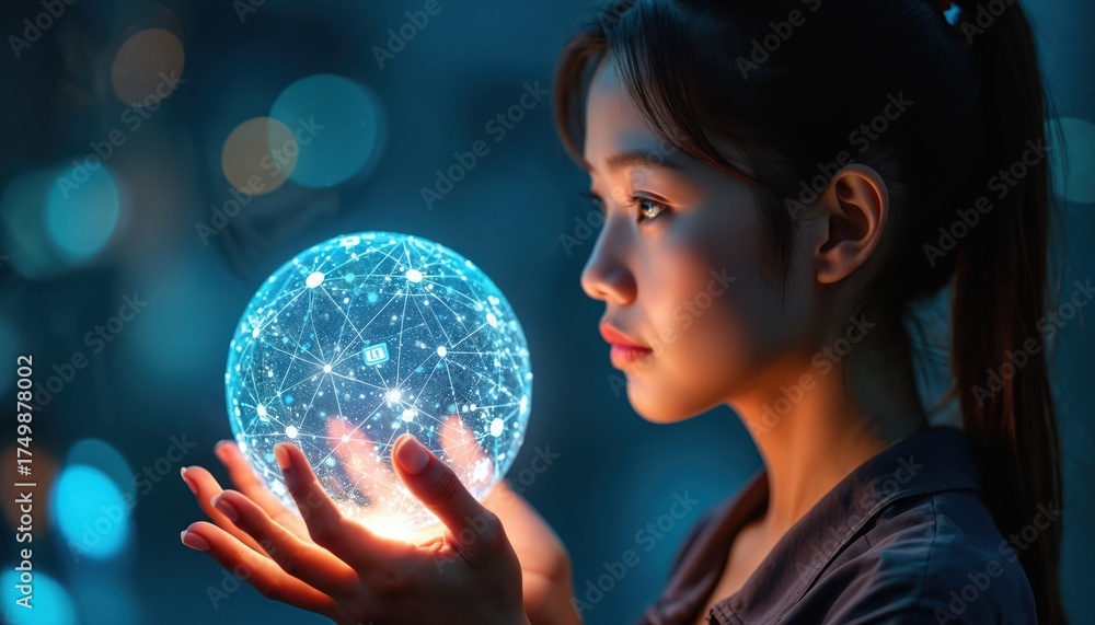 Naklejka premium Young woman holds glowing digital sphere made of network connections and icons. Future tech concept, virtual reality, AI innovation. Global data network.