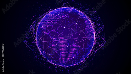 Illuminated Purple Digital Earth with Global Network Connections and Geometric Overlay technology