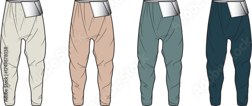 Four different colored thermal underwear pants lined up in a row, showcasing variety and comfort options